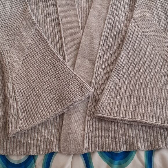 LOFT Light Gray Ribbed Open Front Cardigan Sweater Cozy Fall Winter Bell Sleeves - Picture 7 of 8